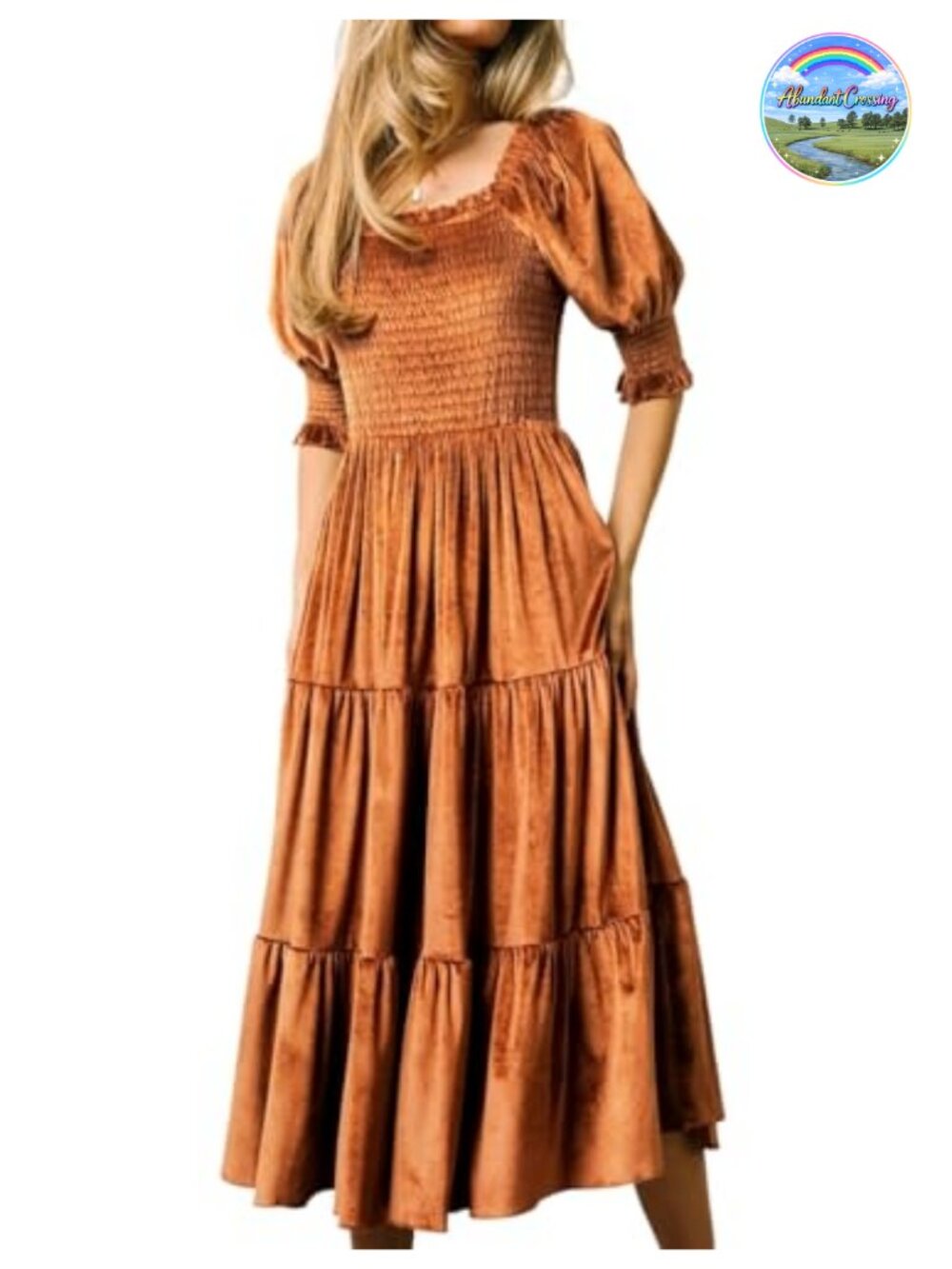 R.Vivimos Women's Velvet Square Neck Smocked Midi Dress Fall